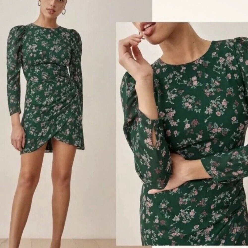 Reformation Juni Gathered Floral Print Crepe Dress